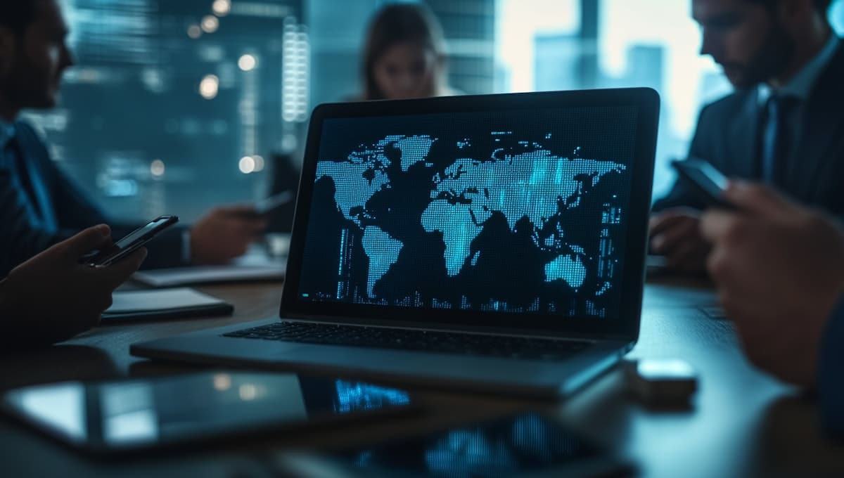 Team reviewing a world map on a laptop representing multi-market planning