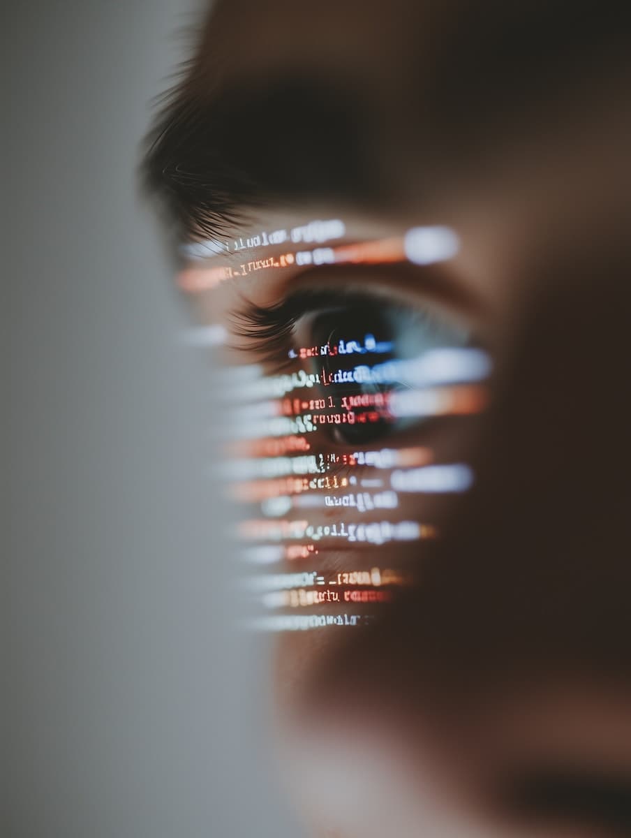Face lit by projected code representing AI reading the web