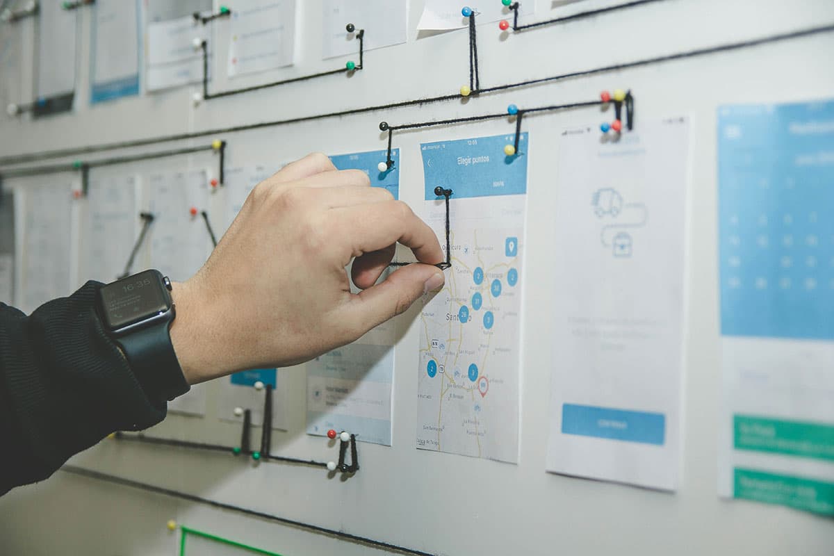 Workflow diagram pinned to a wall representing the lifecycle map